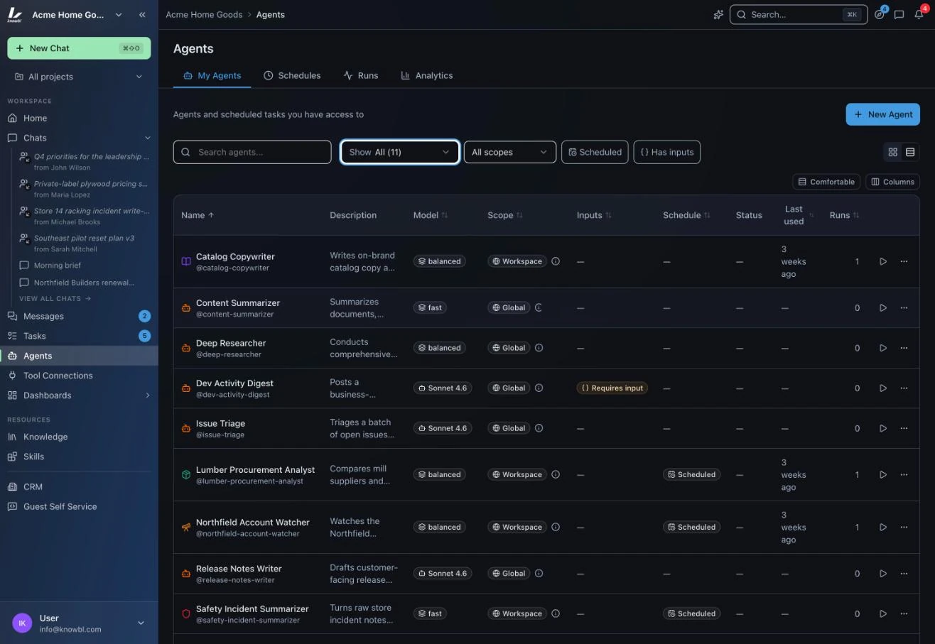 The Agents roster in Nexus: each agent with its handle, what it does, its model tier, its scope, its schedule and its runs