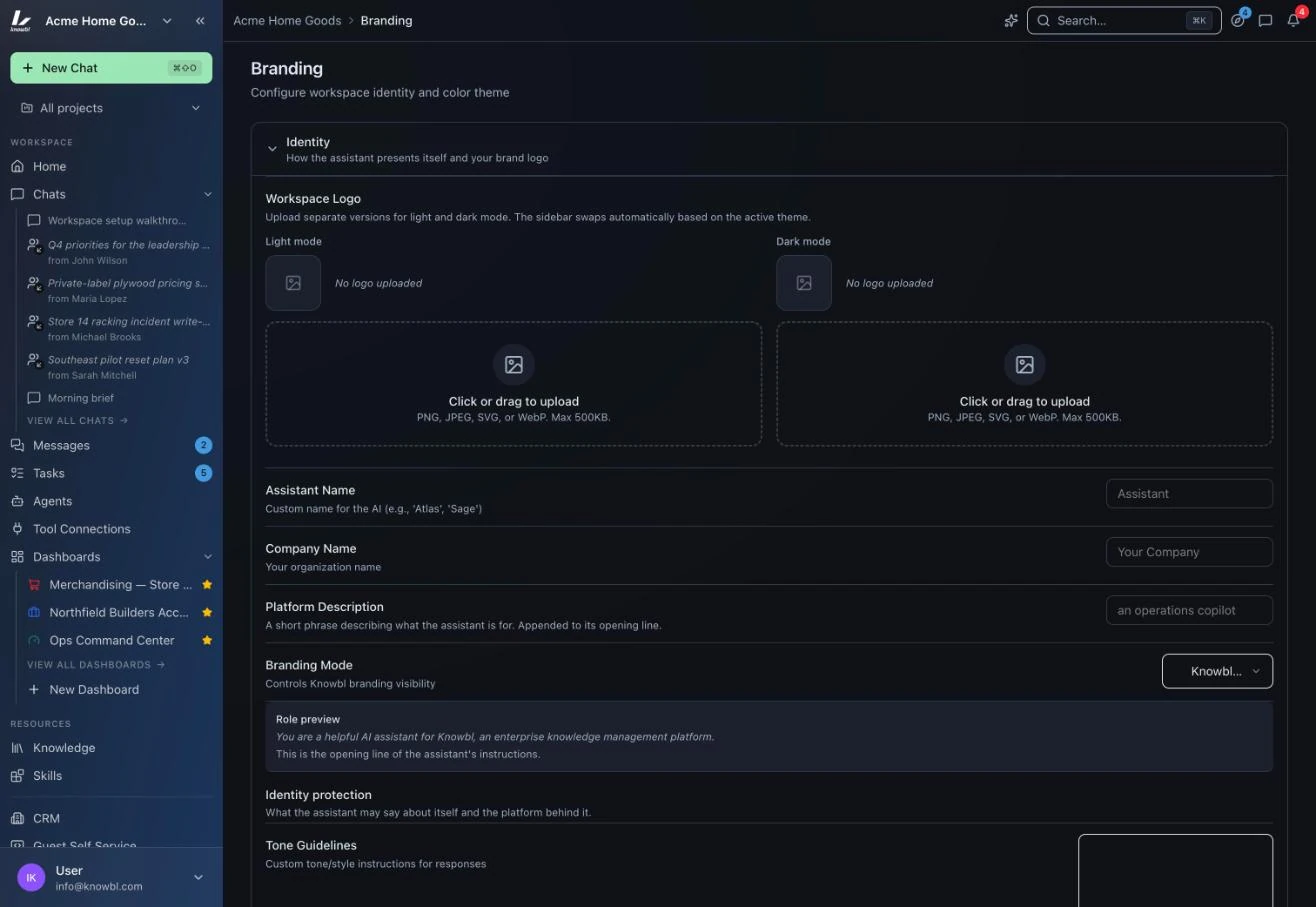 Branding settings in Nexus: the workspace logo for light and dark mode, the assistant name, company name, platform description and branding mode