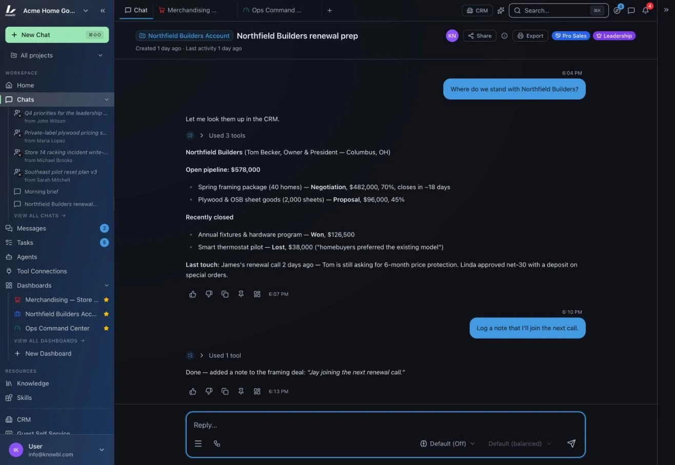 A project chat in Nexus: the Northfield Builders Account project, a question answered from the CRM with the tools it used, and a note logged for the next call