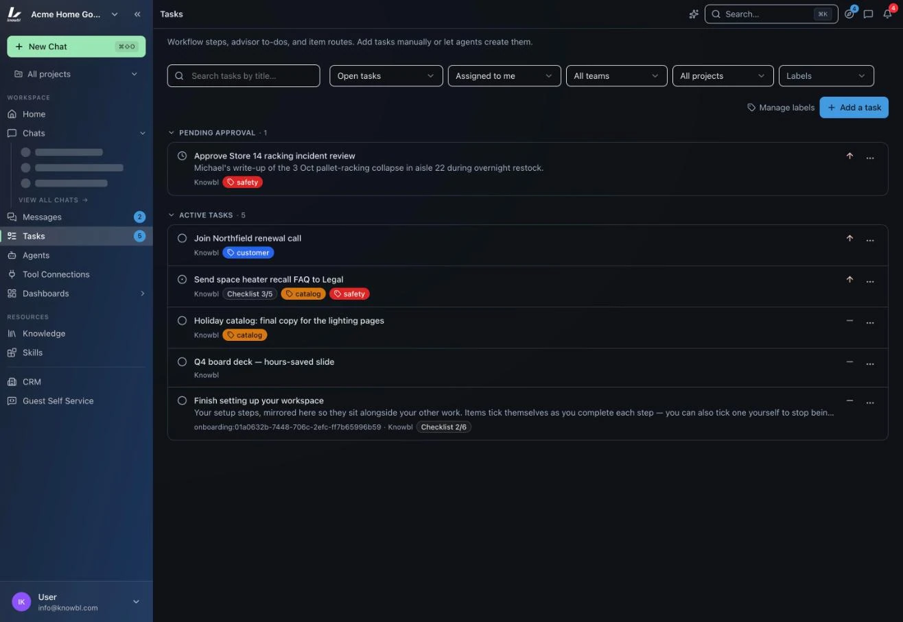 Tasks in Nexus: one pending approval and the active tasks with their checklists and labels, including one handed to Legal