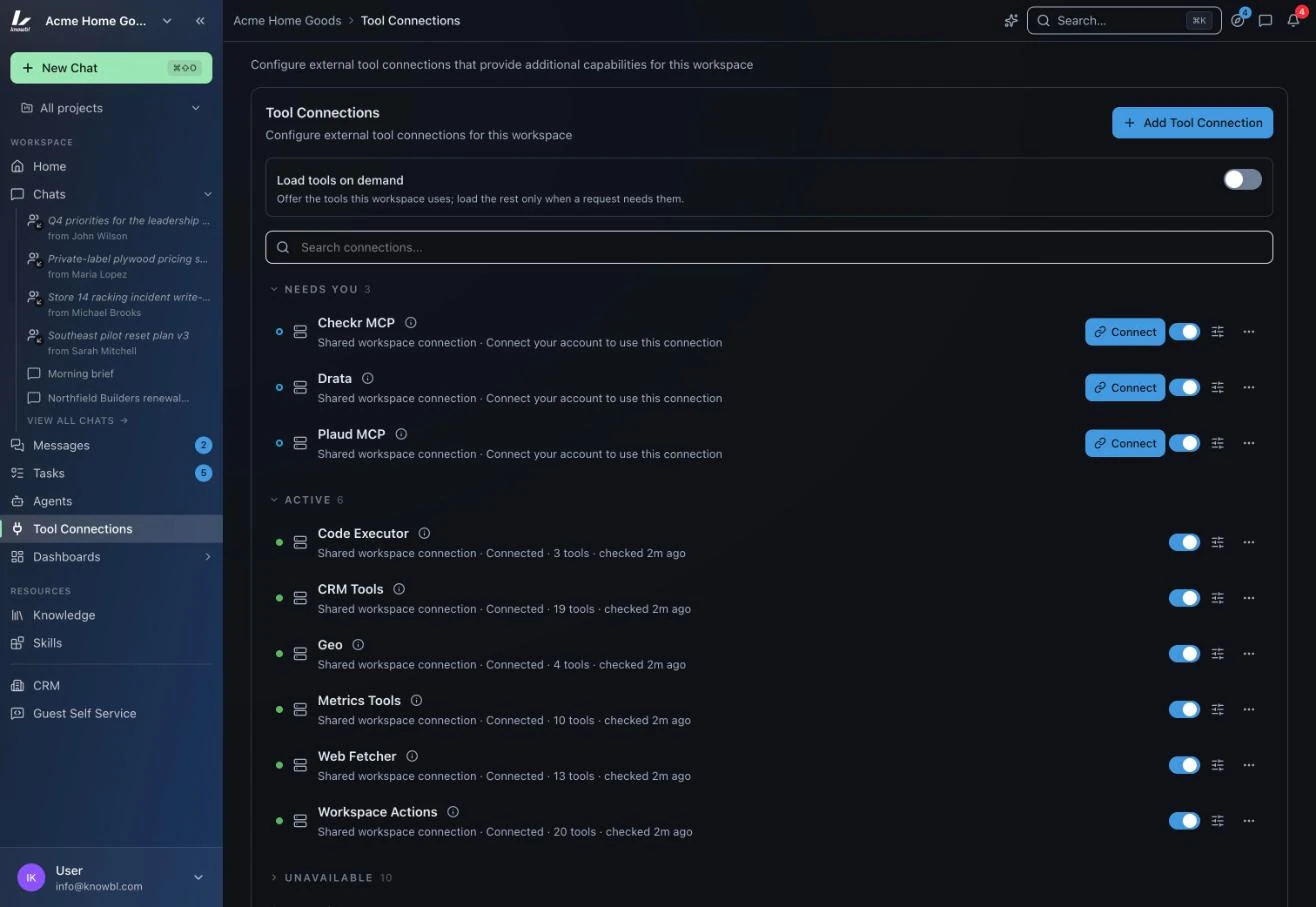Tool Connections in Nexus: shared workspace connections that each person connects with their own account, and the active connections with their tool counts